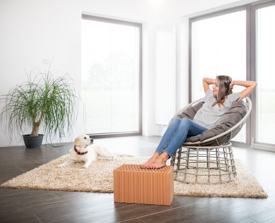 Žena sedící v křesle v obývacím pokoji opřená o cihlu EKO+ Profi s ležícím psem na koberci